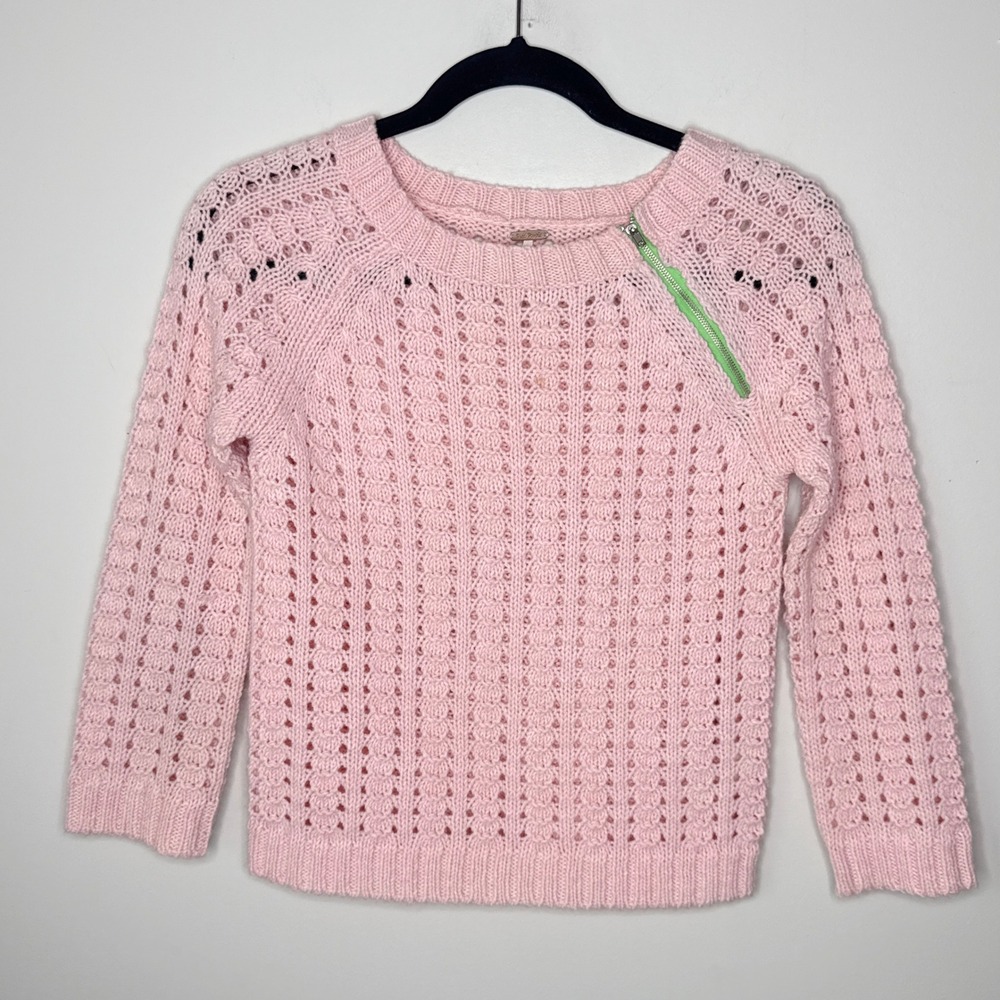 Free People Bunny Pink Wool Blend Cropped Sweater Green Zipper Detail Size Small